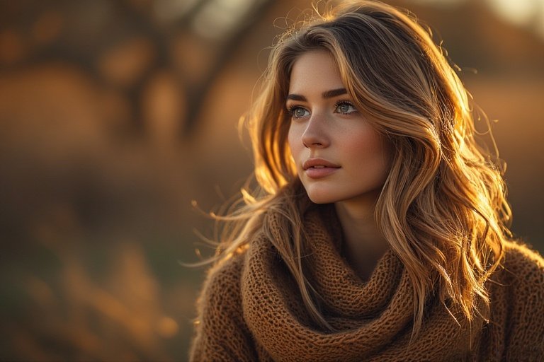 Woman with soft wavy hair and caramel highlights, wearing a cozy scarf, showcasing a chic fall hairstyle perfect for autumn fashion.