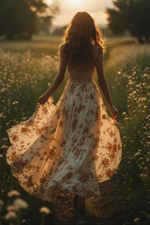 Woman in a flowy floral summer dress walking gracefully at sunset.