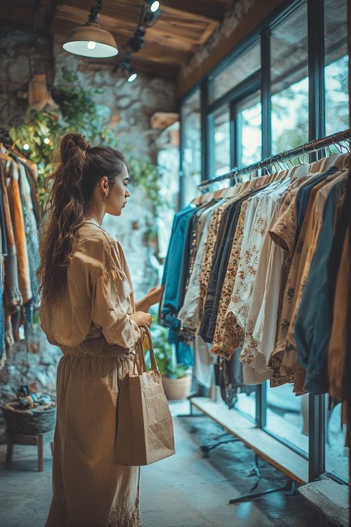 Eco-conscious fashion choices, showcasing sustainable fabrics and upcycled clothing.”