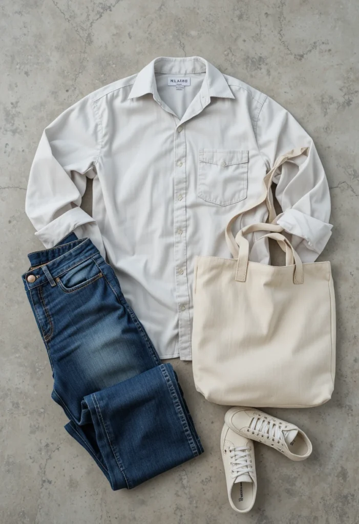 Sustainable Stockholm fashion pieces made from organic and recycled materials displayed neatly.