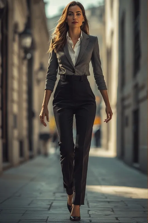Business Casual Outfits For Modern Workwear 6 Woman walking confidently in tailored trousers and heels in a city environment.