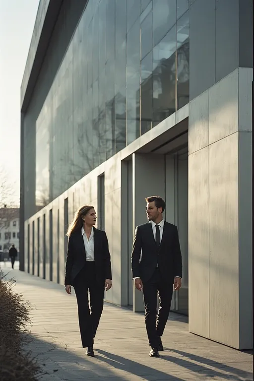 Tailored Stockholm fashion with sharp blazers and trousers in front of contemporary Nordic architecture.