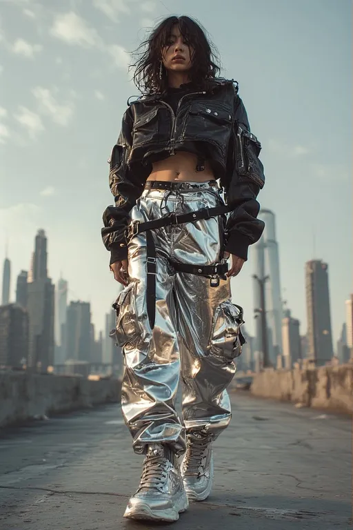 "Tech-inspired Y2K streetwear outfit with cargo pants and futuristic metallic details"