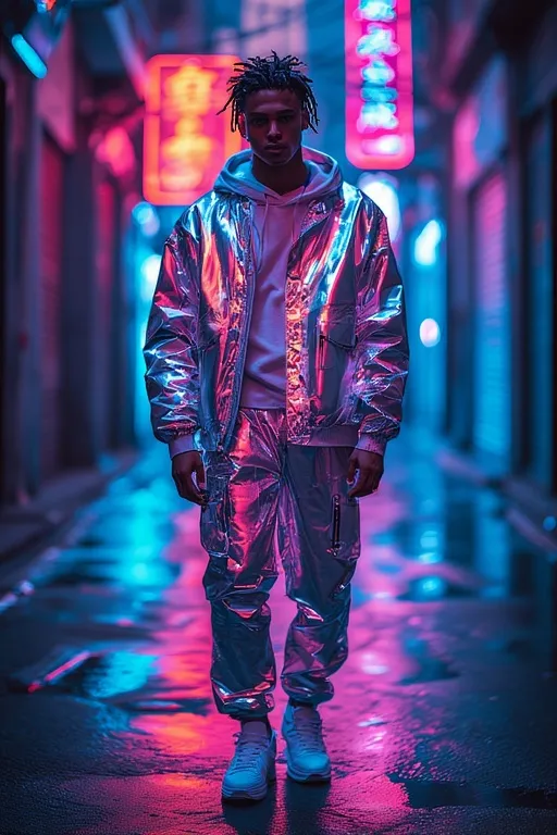10+Modern Twist On 2000s Fashion Ideas 10 Techcore-inspired Y2K outfit with reflective jacket and utility pants in futuristic setting.