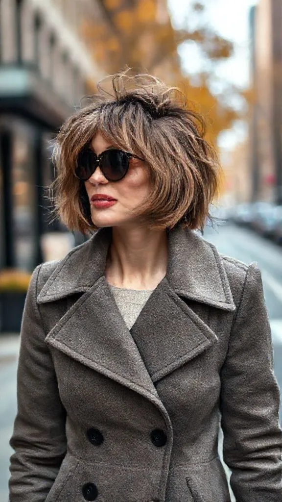 Textured bob hairstyle offering modern chic and versatility for autumn fashion.