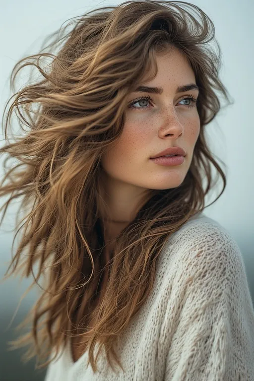 Woman with textured layered hairstyle full of movement and volume.