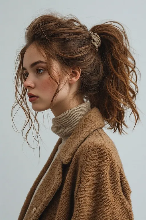 Woman with textured ponytail and ribbon, styled for a polished fall look