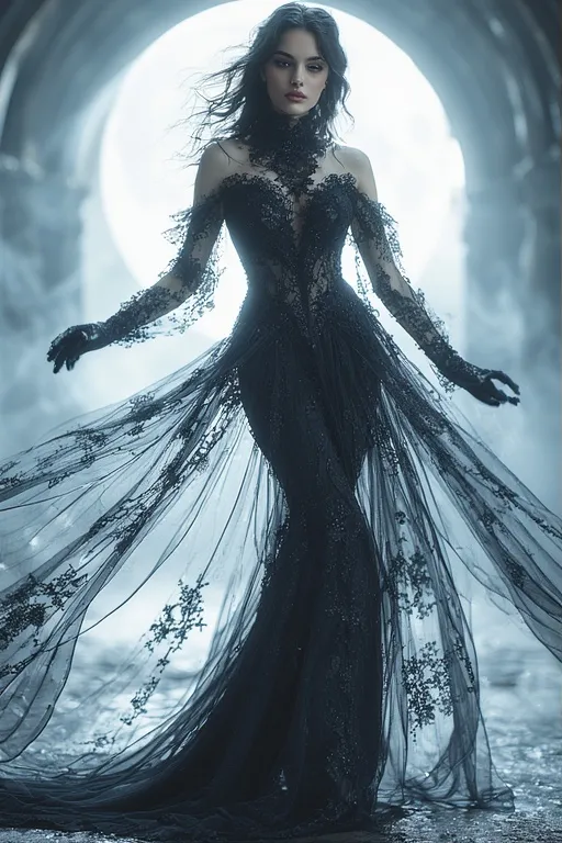 Ghostly Glam Black Halloween Style Ideas 2 Elegant woman in a black lace gown and gloves, embodying ghostly glam with a mysterious, moonlit elegance.