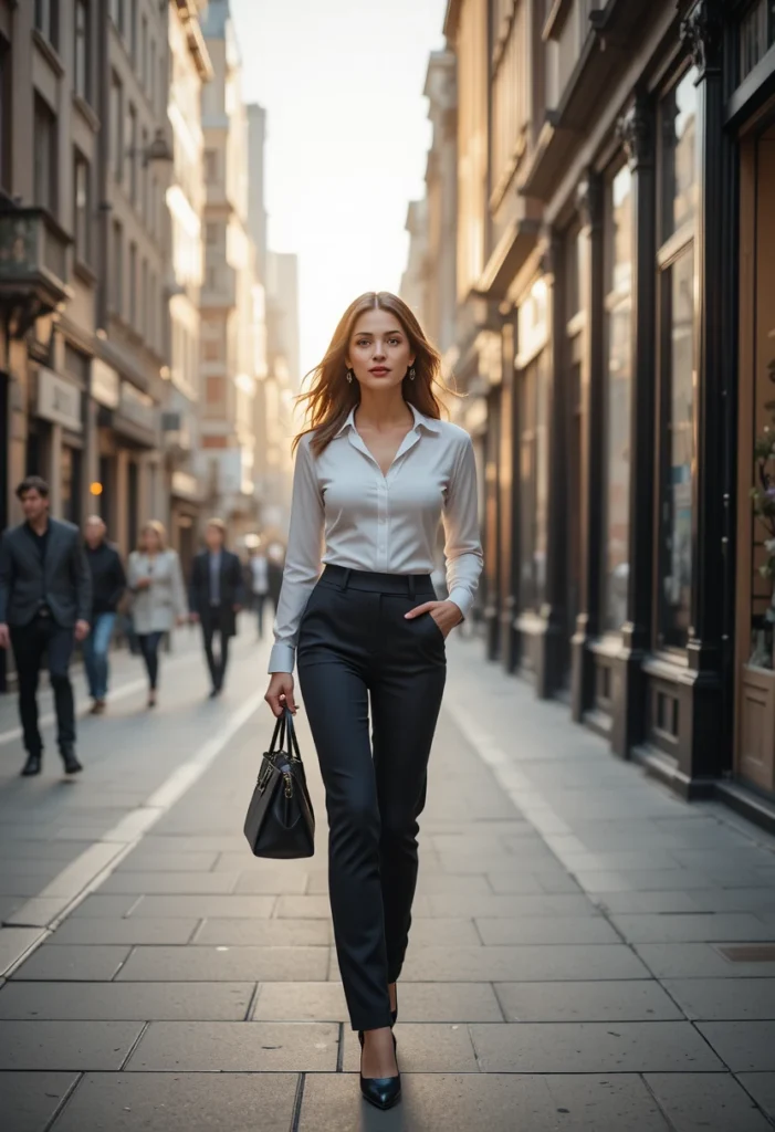 Smart Stylish Outfit Ideas For Modern Women 5 Woman wearing high-waisted tailored trousers and blouse for a smart, stylish look.