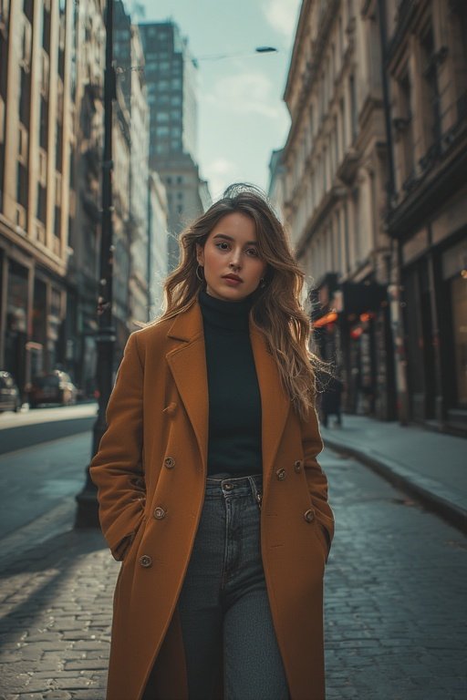 Woman showcasing the connection between fashion trends and personal style on a city street.”