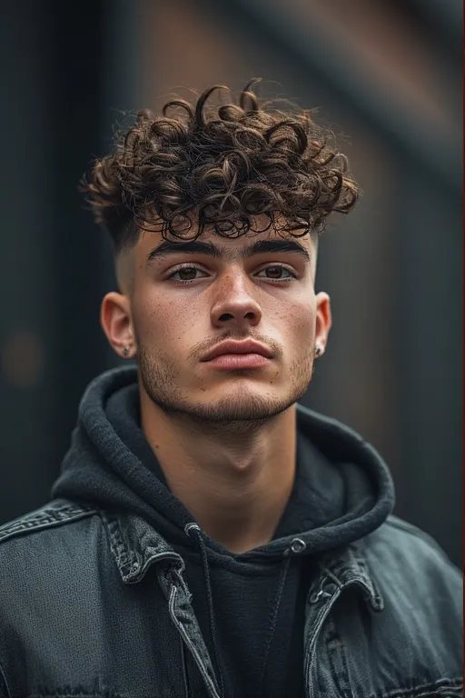 Man with curly fade hairstyle showing clean sides and textured curly top for modern appeal.