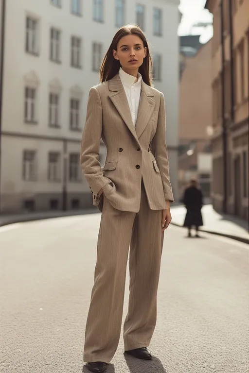 10+Stockholm Style Inspiration Fashion Ideas 2 Scandinavian minimalist woman in tailored beige blazer and white shirt on Stockholm street.