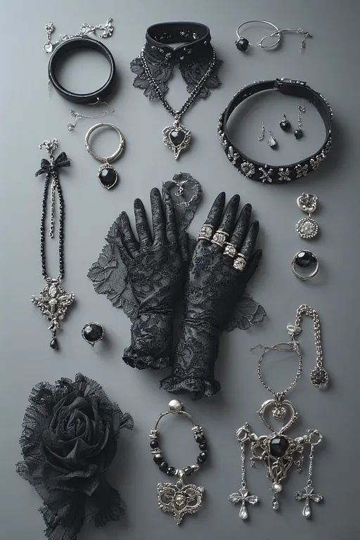 Ghostly Glam Black Halloween Style Ideas 7 Gothic accessories including chokers, crystal pendants, lace gloves, and silver rings styled for ghostly elegance.