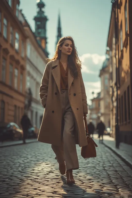 Elegant Stockholm street style featuring a neutral wool coat and tailored outfit with Scandinavian architecture behind.