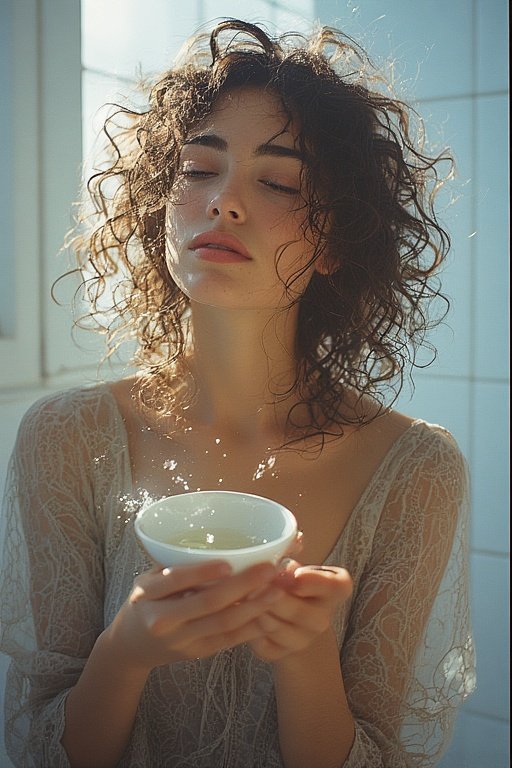 Woman moisturizing her curly hair with oil to maintain softness and shine.