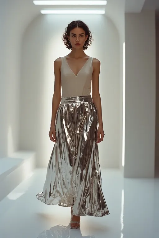 10+Modern Twist On 2000s Fashion Ideas 4 Chic metallic skirt and neutral top styled in a minimalist Y2K-inspired metallic fashion shoot.