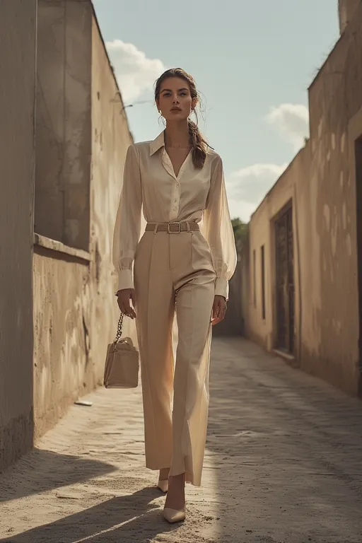 10+Business Casual Outfit Fashion Ideas 6 “High-waisted beige trousers styled with a silk blouse and belt for a professional office outfit.”