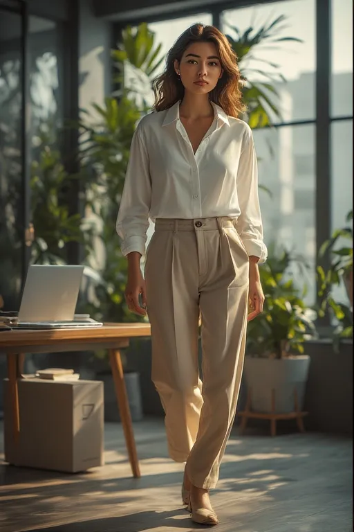 10+Business Casual Outfit Fashion Ideas 2 “Modern business casual outfit with beige trousers and white blouse in a minimalist office setting.”