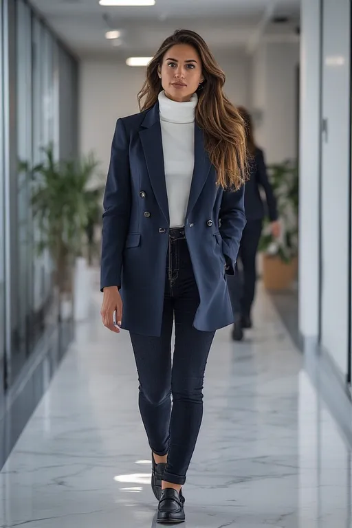 10+Business Casual Outfit Fashion Ideas 3 “Woman wearing a navy blazer with dark denim jeans for a smart business casual look.”