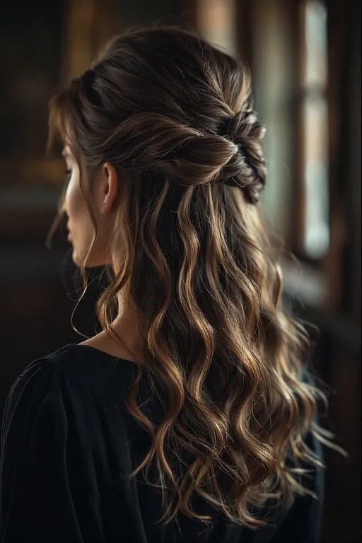 Woman wearing a half-up hairstyle with soft curls and elegant accessory.