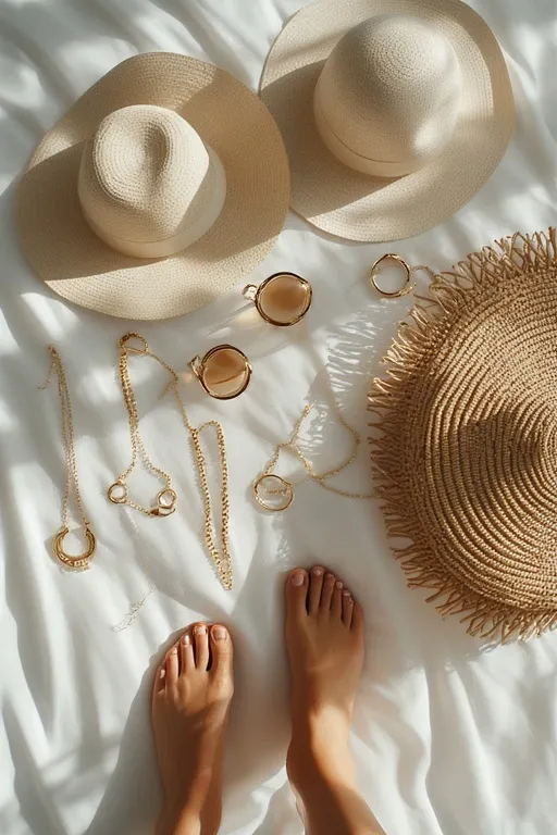 Minimalist gold jewelry and straw hat styled for a chic summer outfit flat lay.