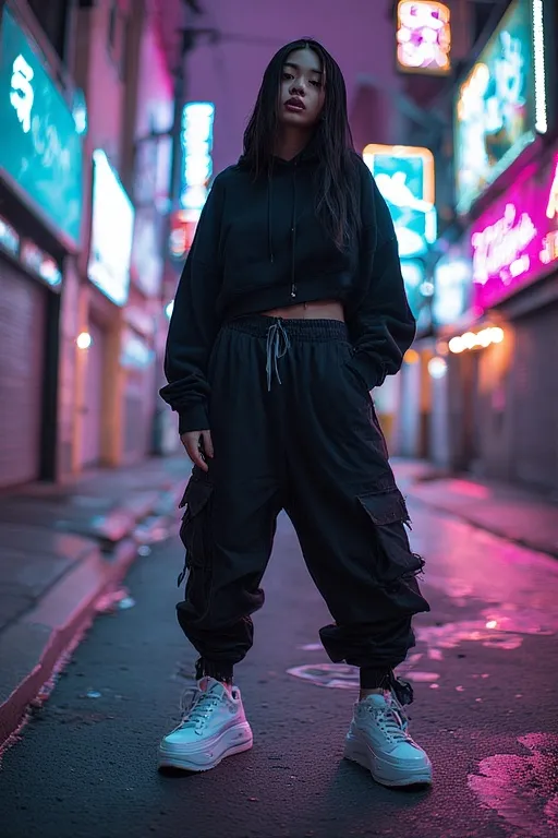Dark Aesthetic Outfit Ideas For Streetwear Vibes 4 Oversized dark streetwear outfit featuring loose hoodie and wide pants for relaxed urban vibes.