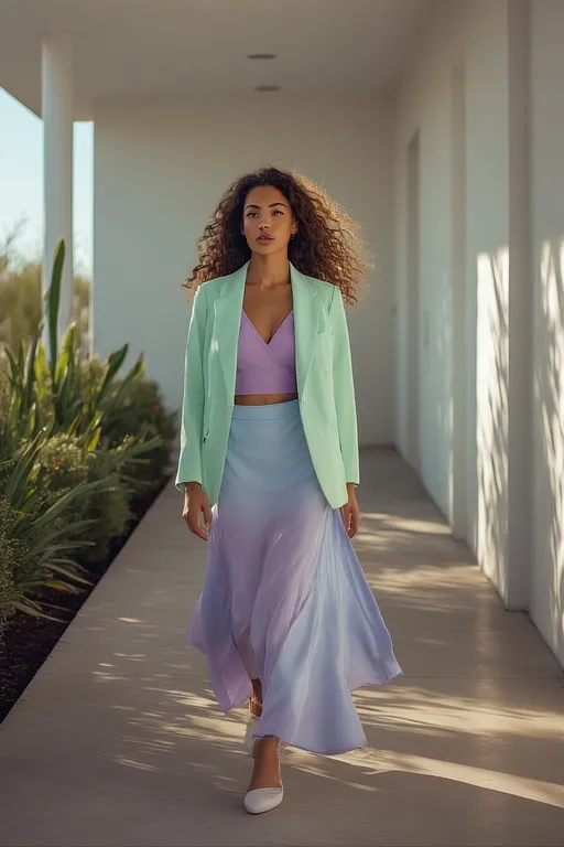 Pastel summer fashion outfit featuring mint, lavender, and blue tones for a fresh seasonal look.