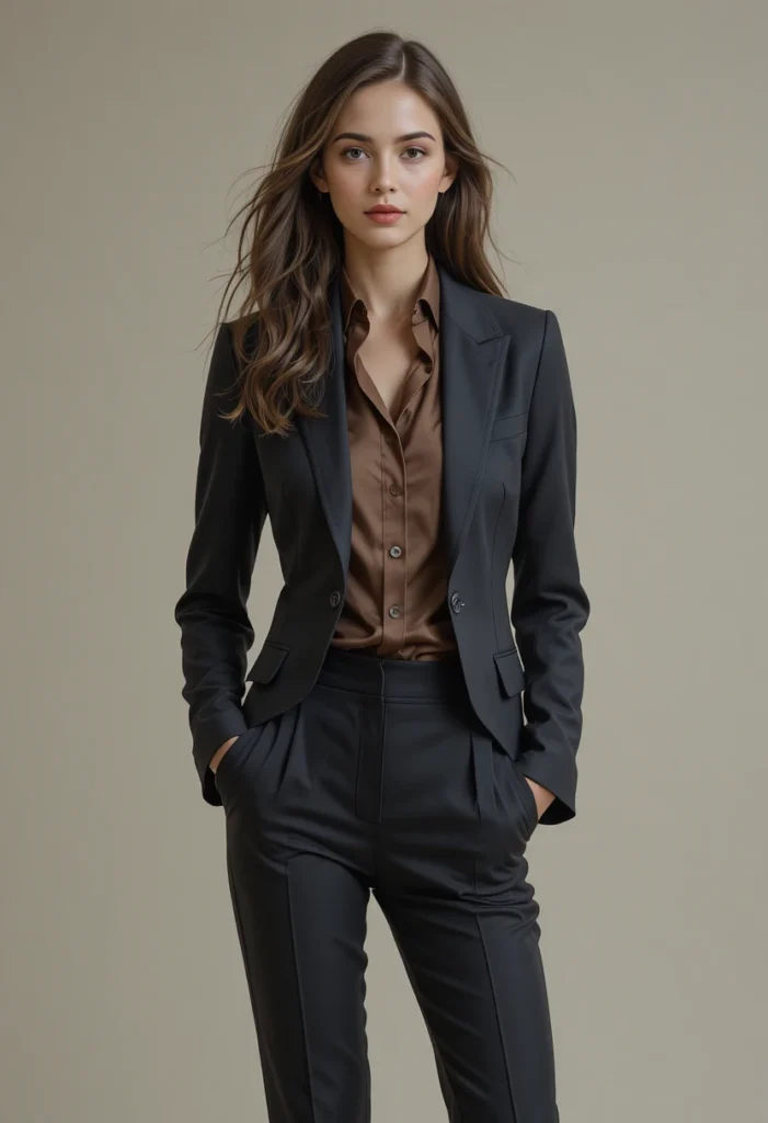 10+Minimalist Business Casual Fashion Ideas 3 Tailored blazer and trousers paired with a silk blouse, showcasing the versatility of business casual separates.