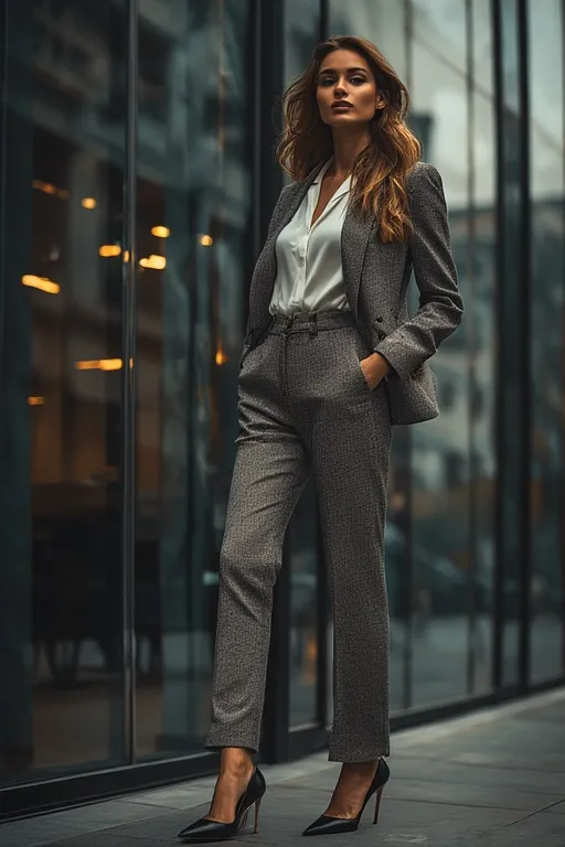 Business Casual Outfits For Modern Workwear 4 Woman in a tailored blazer and trousers standing outside a modern office building.