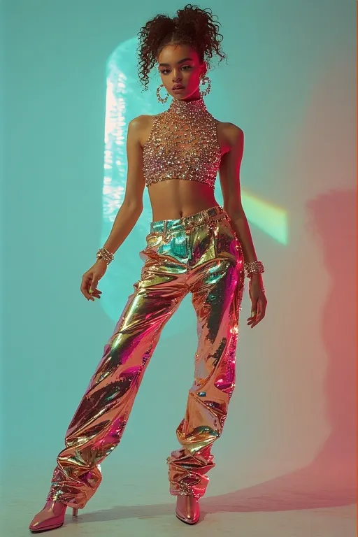 "Modern woman in Y2K glam outfit featuring rhinestone top and butterfly clips with nostalgic 2000s aesthetic"