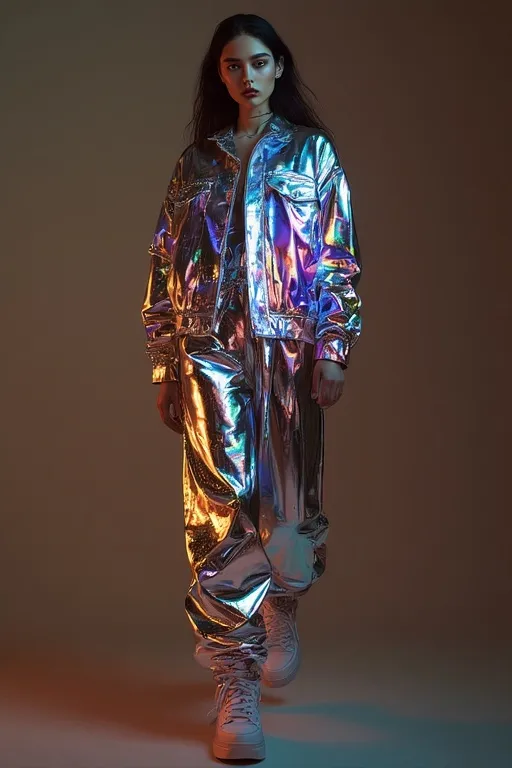 "Futuristic Y2K outfit featuring holographic and metallic fabrics with modern styling"