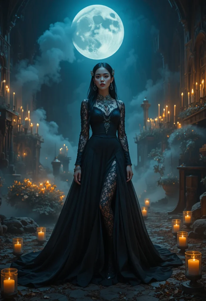 Elegant witch-inspired fashion with lace gown and moonlit jewelry exuding sophistication and mystery.