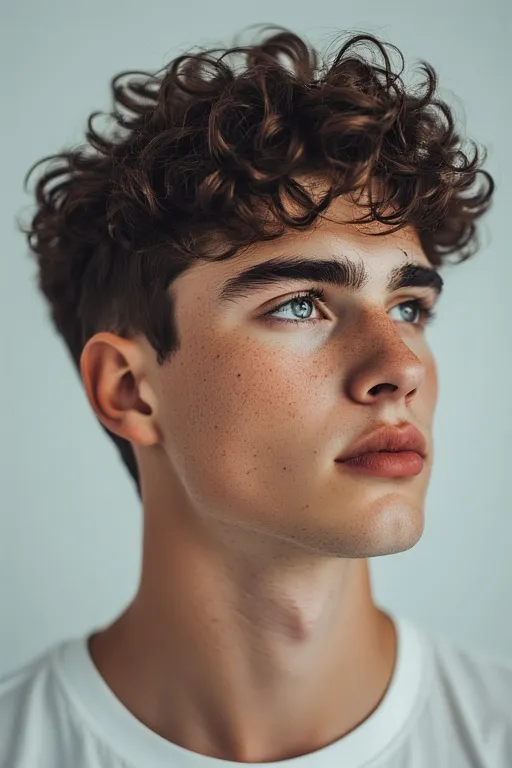 Man with textured curly top highlighting natural curls and balanced modern structure.