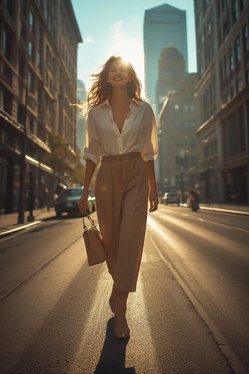 Confident modern woman in chic summer outfit, embodying effortless beauty and self-assurance.