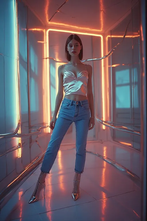 10+Modern Twist On 2000s Fashion Ideas 2 Modern Y2K-inspired outfit featuring satin camisole and metallic details in a sleek, futuristic studio.