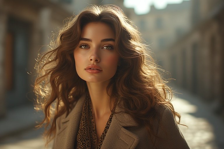 Elegant woman with timeless wavy hairstyle and modern fashion outfit, showcasing a chic and confident style.