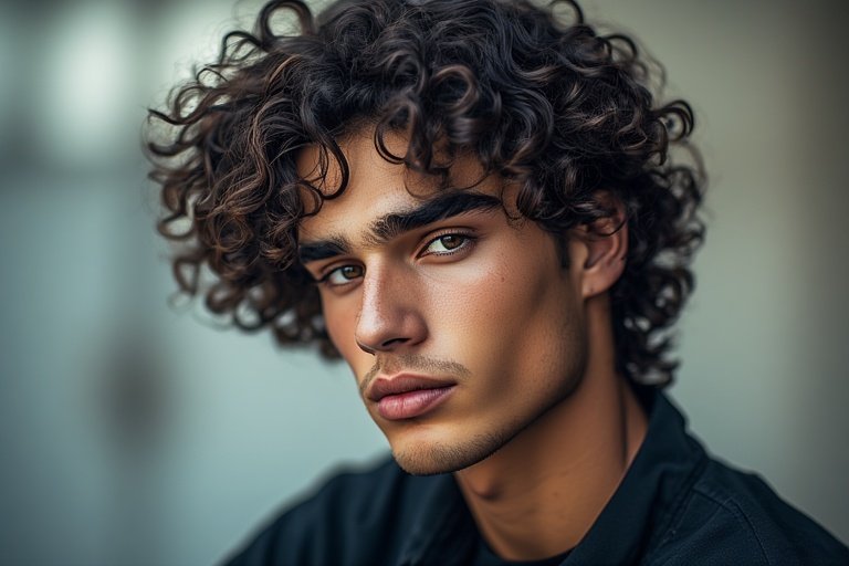 Trendy curly-haired man with defined curls and a modern fade haircut, showcasing confident and fashionable men’s hairstyle for a chic, contemporary look.