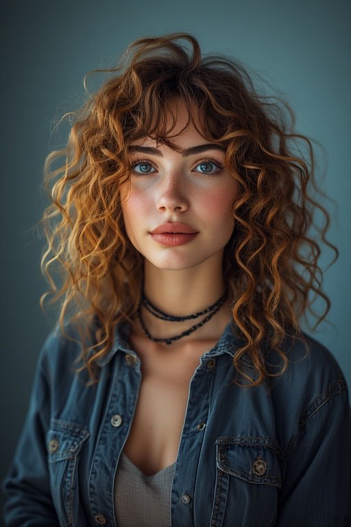 Woman with bold curly bangs styled in a modern, fashionable way.