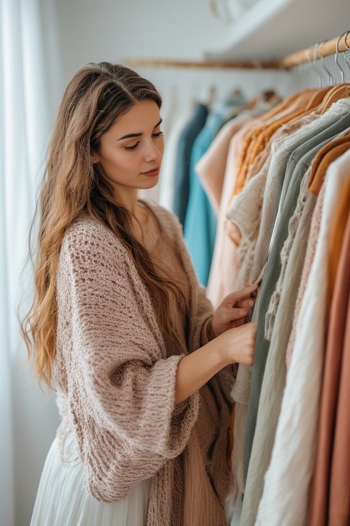 Woman curating wardrobe to reflect personal style and favorite textures