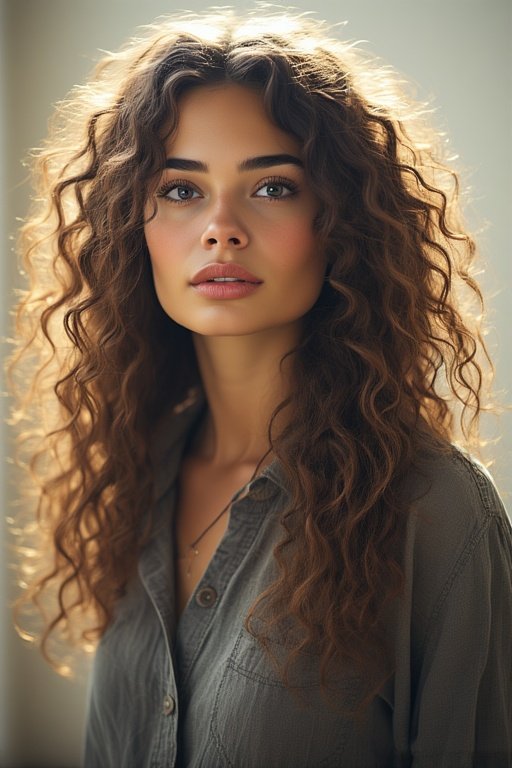 Effortless Everyday Glam Stylish Hairstyles to Try 9 Woman with voluminous curly hair in soft studio lighting.
