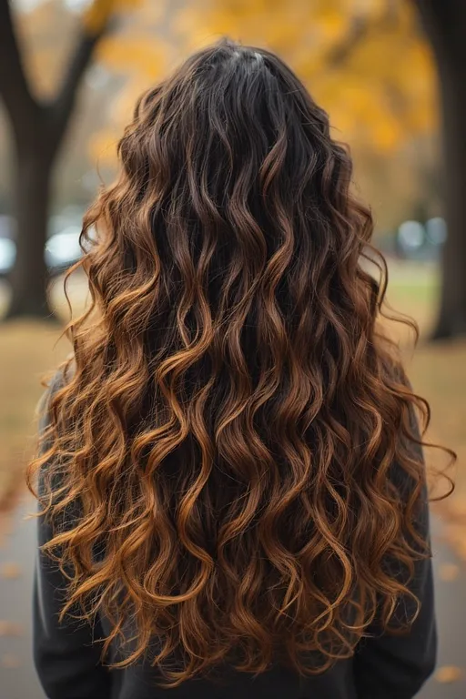 Long voluminous curls hairstyle with warm autumn colors in a park setting.