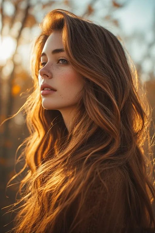 Long hair with chestnut and caramel balayage highlights glowing in autumn sunlight.