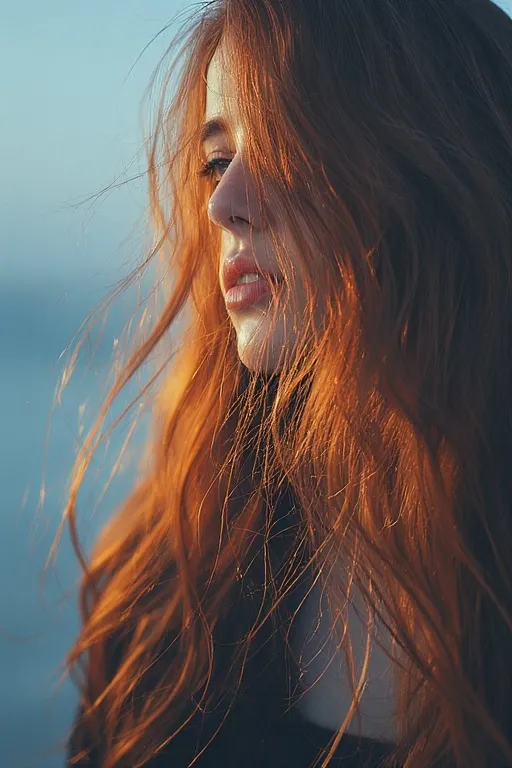Close-up of caramel and copper fall hair color glowing under autumn light.