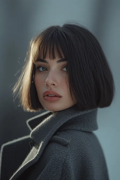 Sleek straight bob hairstyle styled elegantly for winter fashion.