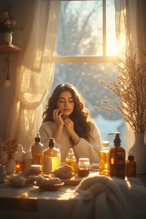 Woman caring for her hair with serum indoors to protect from winter dryness.