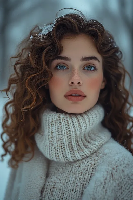 Woman with voluminous winter curls wearing cozy winter outfit in snowy background.