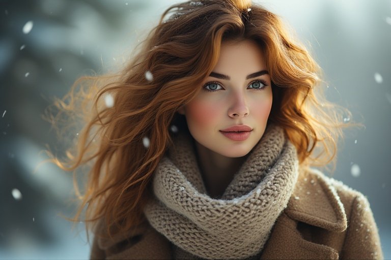 Woman with soft wavy winter hairstyle in chestnut tones wearing cozy sweater and coat, combining warmth, elegance, and seasonal style.
