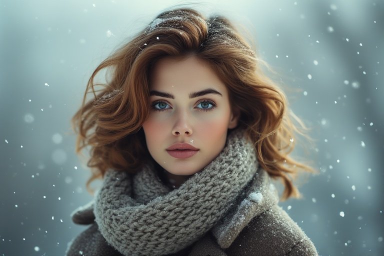 Woman with soft wavy winter hairstyle in chestnut tones wearing cozy sweater and coat, combining warmth, elegance, and seasonal style.
