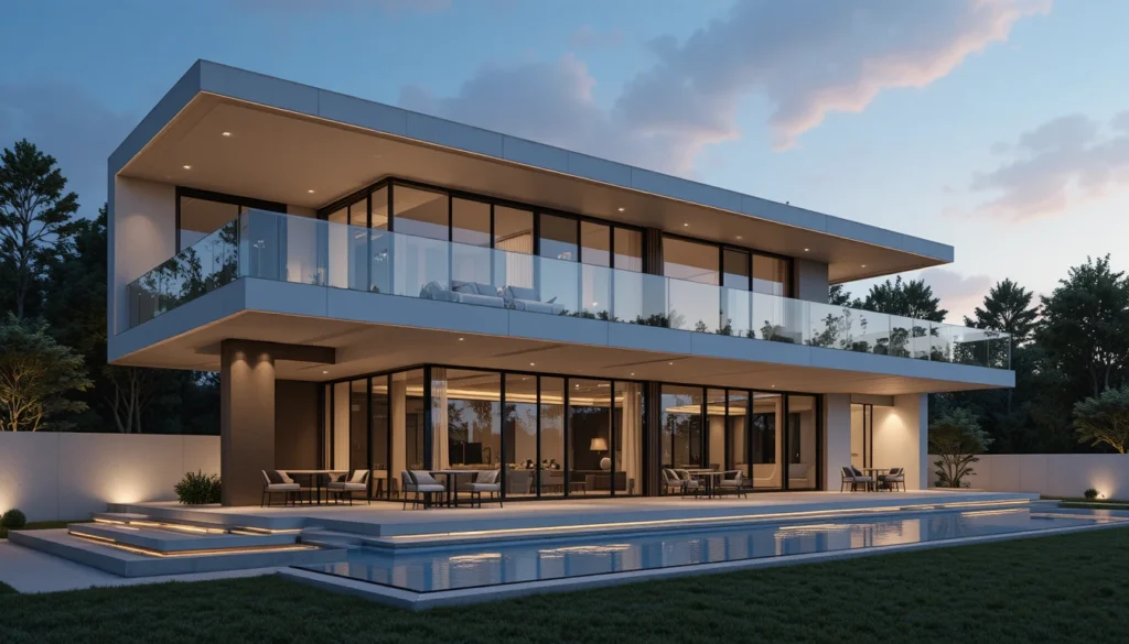 10+Luxury Contemporary House Front Ideas 10 Modern luxury home featuring glass balconies and extended overhangs for architectural depth.