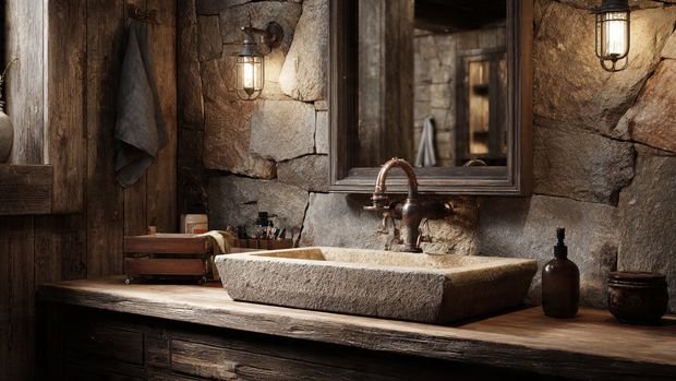 Rustic Cabin Interiors: Cozy, Natural & Timeless Home Design Inspiration 9 Rustic bathroom with stone sink, wooden vanity, and warm earthy tones.